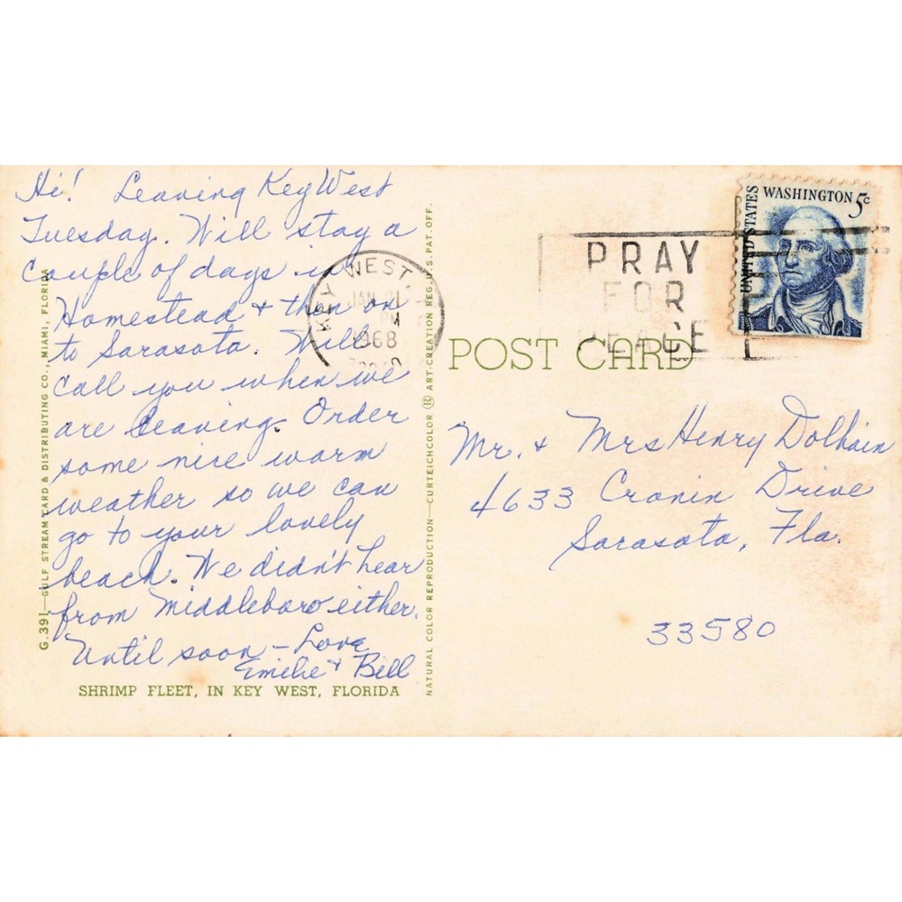 Vintage 1968 Key West Florida Shrimp Fleet Postcard Miss Darien Little Mike VG - Picture 2 of 2